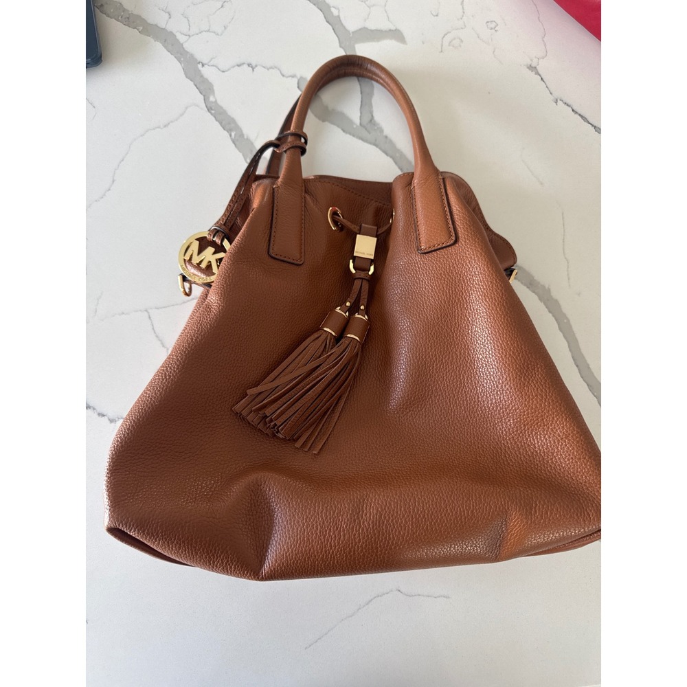 Michael Kors Luggage Brown Pebbled Leather Tassel Drawstring Hobo Bag